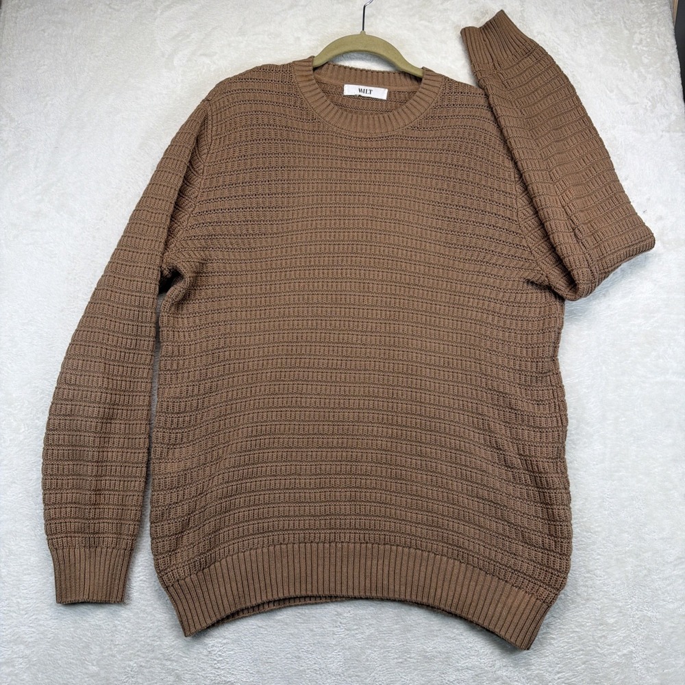 Wilt Men's Brown Chunky Knit Crewneck Sweater Split Hem Cotton Pullover